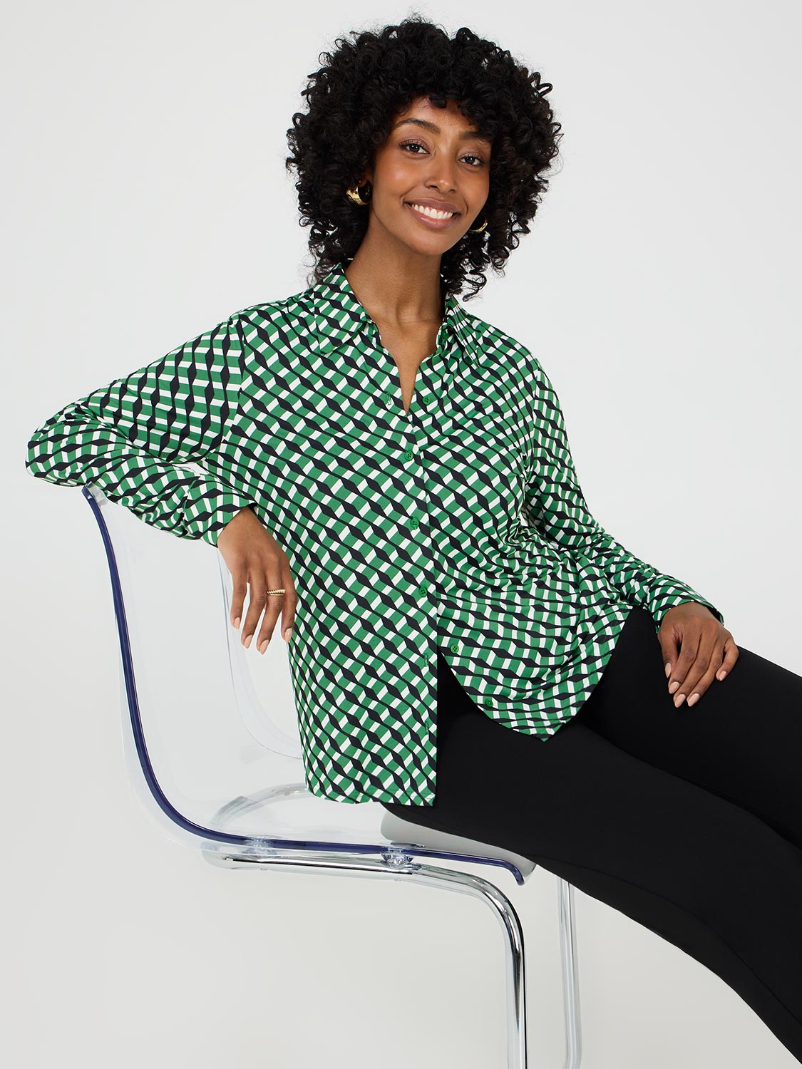 Geo Print Button-Front Classic Blouse
