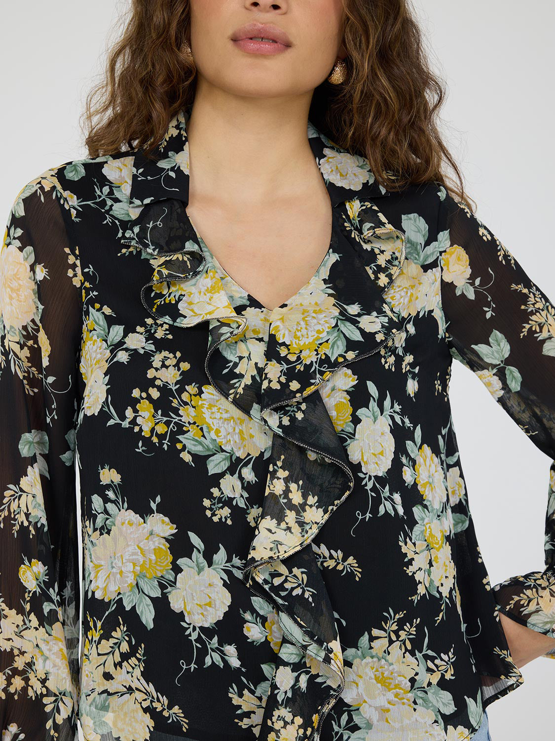 Floral Print Ruffle V-Neck Popover Blouse