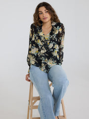 Floral Print Ruffle V-Neck Popover Blouse