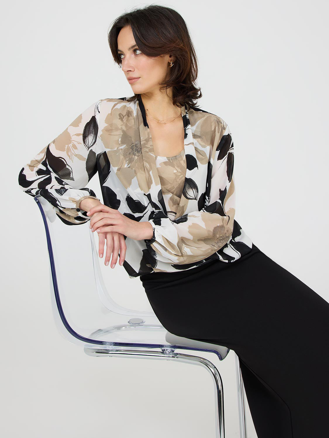 Floral Print Blouson Wrap Blouse