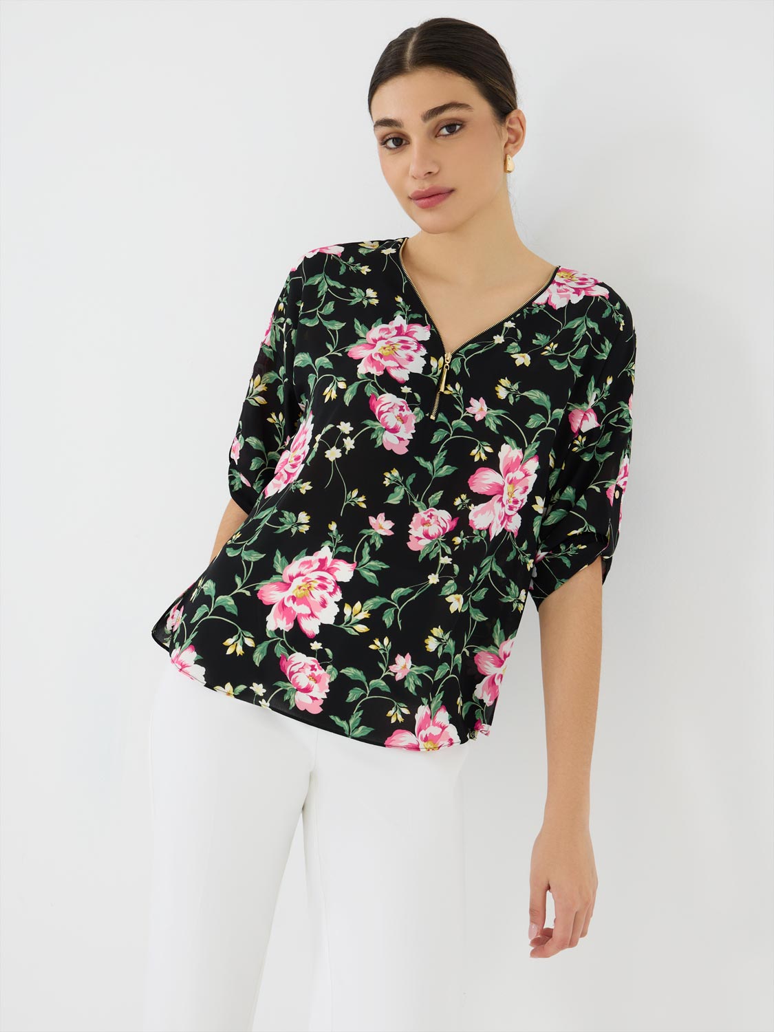 Floral Zip Front V-Neck Top