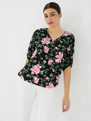 Floral Zip Front V-Neck Top