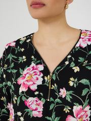 Floral Zip Front V-Neck Top