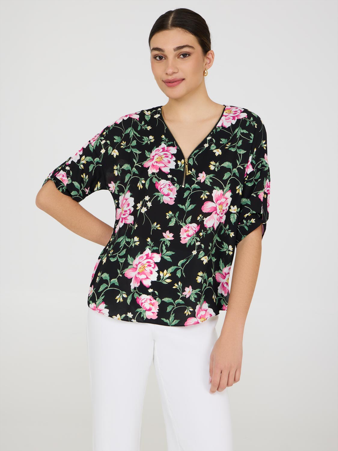 Floral Zip Front V-Neck Top