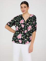 Floral Zip Front V-Neck Top