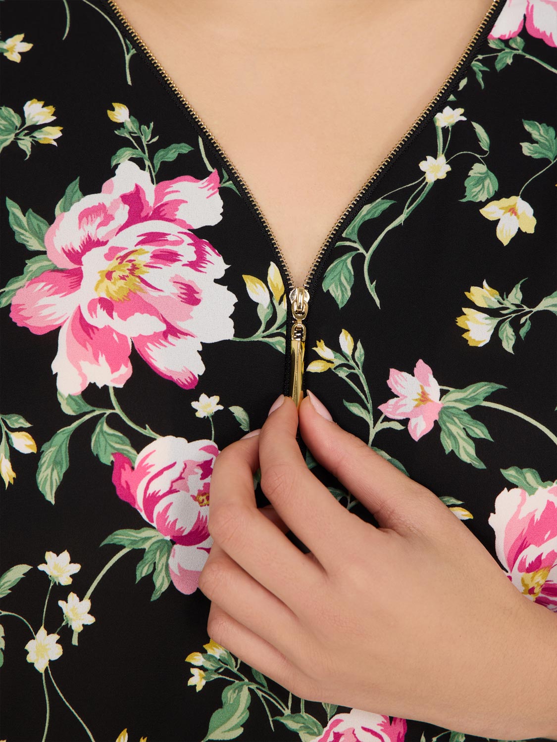 Floral Zip Front V-Neck Top