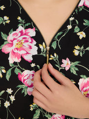 Floral Zip Front V-Neck Top