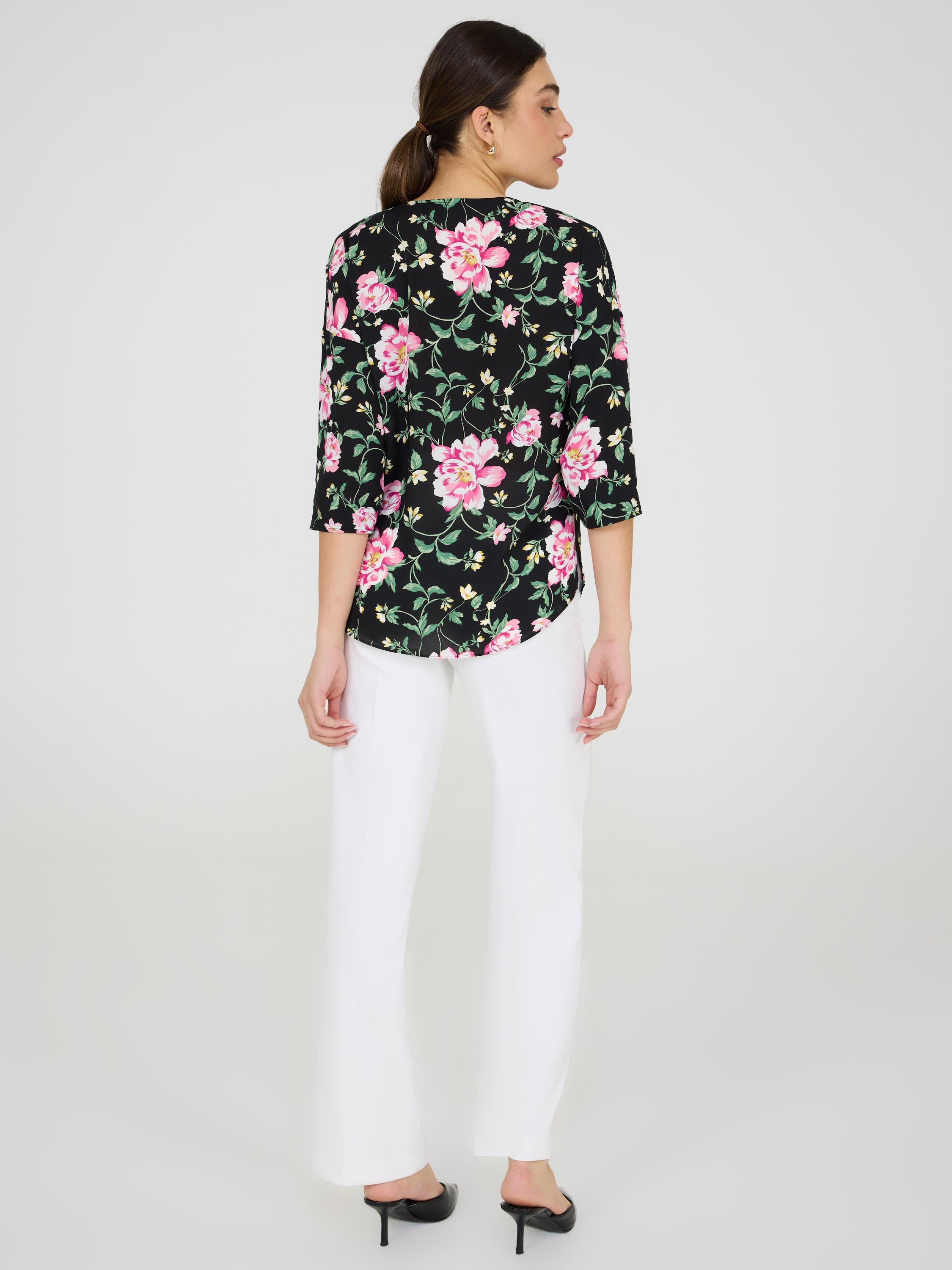 Floral Zip Front V-Neck Top