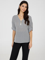 Geo Zip Front V-Neck Top