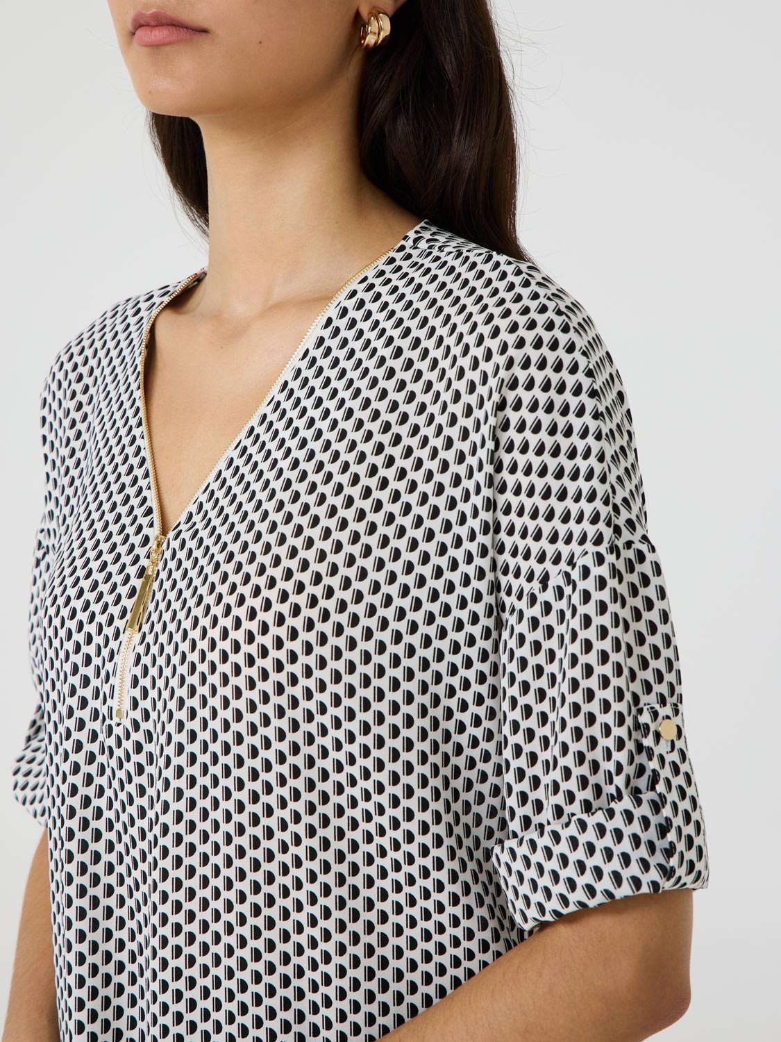 Geo Zip Front V-Neck Top