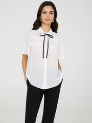 Contrast Bow Blouse With Flutter Sleeves