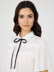 Contrast Bow Blouse With Flutter Sleeves