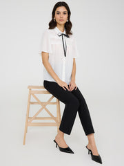 Contrast Bow Blouse With Flutter Sleeves