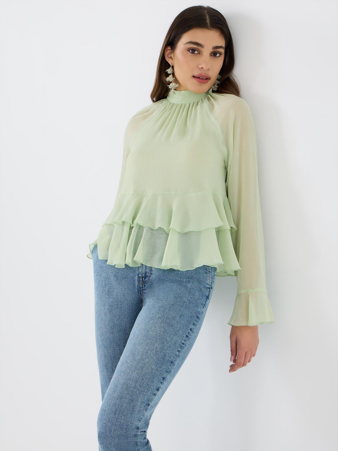 Mock Neck Chiffon Blouse With Ruffle Details