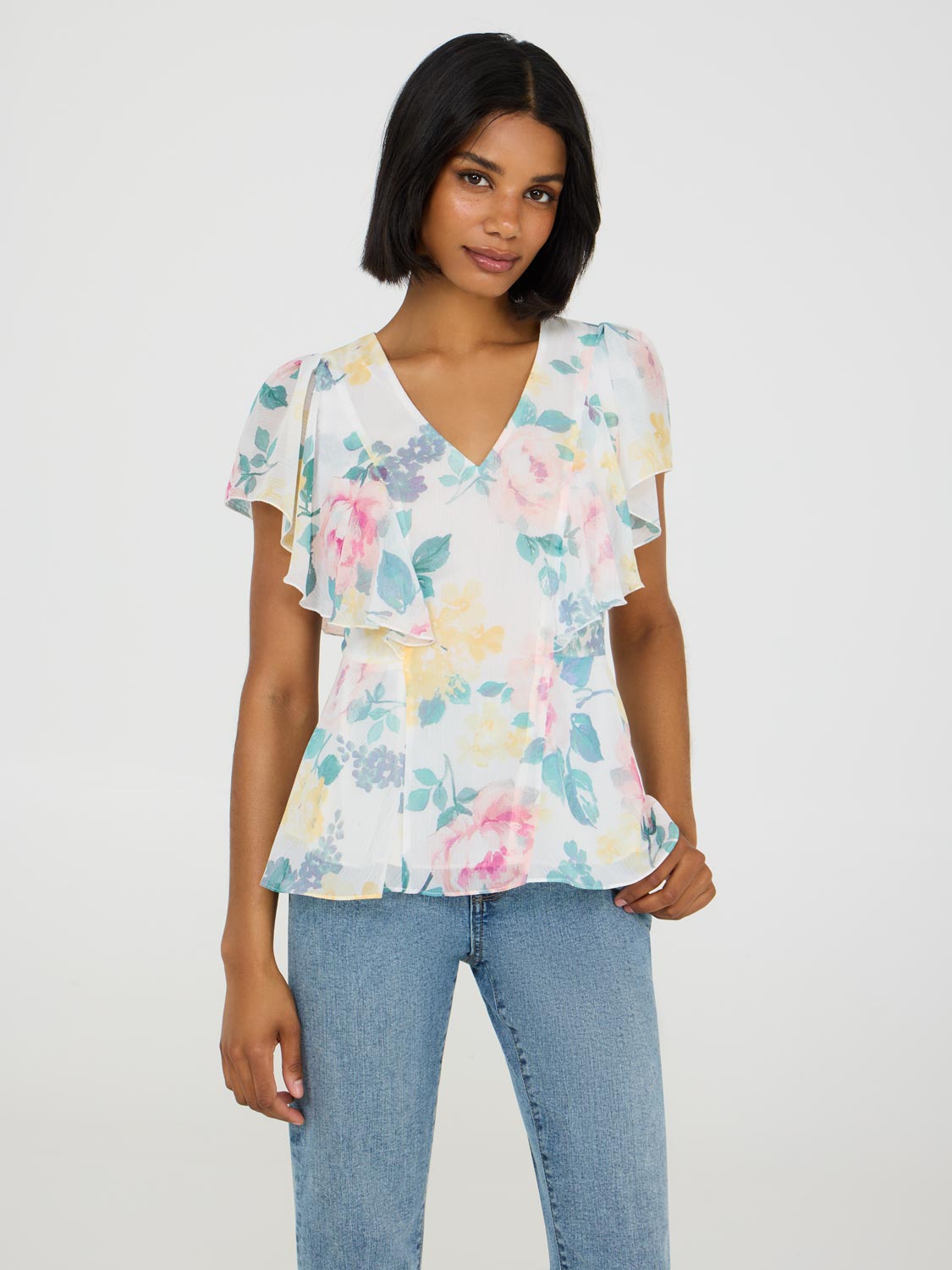 Floral Print Ruffle Sleeve Peplum Top