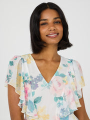 Floral Print Ruffle Sleeve Peplum Top