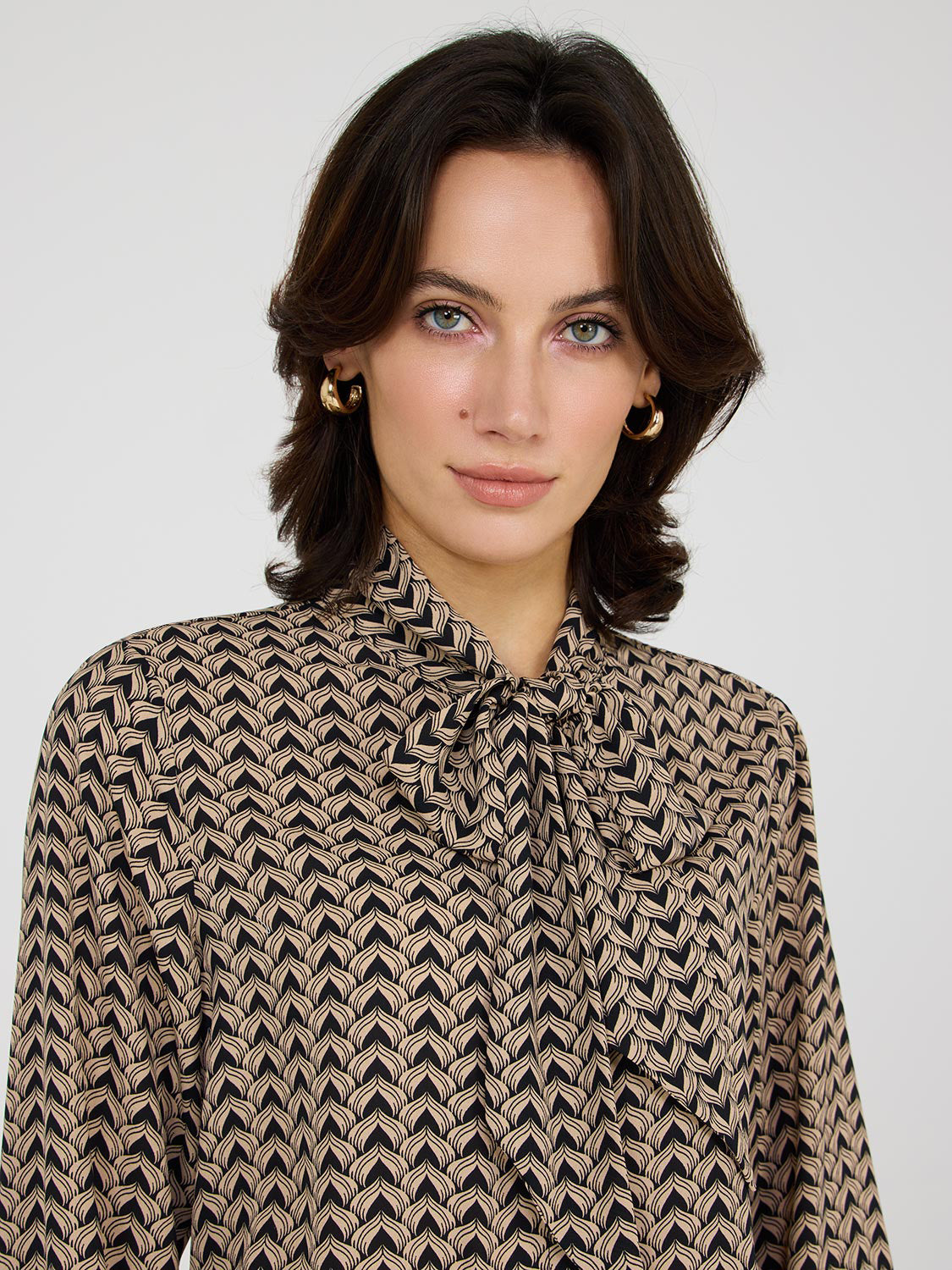 Geo Print Chiffon Tie Neck Blouse