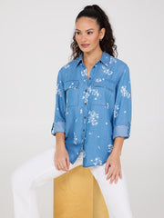 Floral Print Button-Front Tencel Blouse