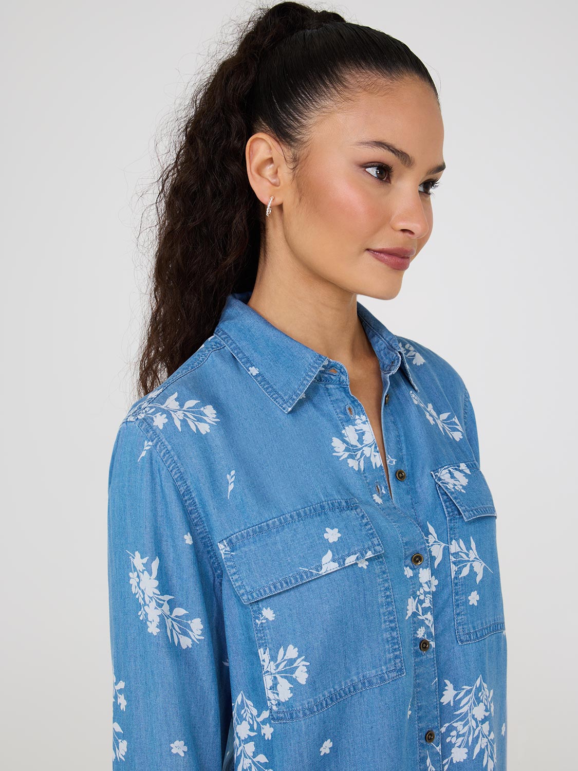 Floral Print Button-Front Tencel Blouse