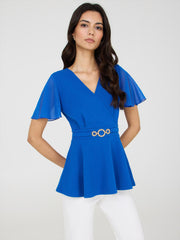 Crossover Peplum Top With Metal Belt