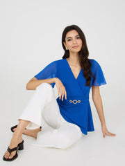 Crossover Peplum Top With Metal Belt