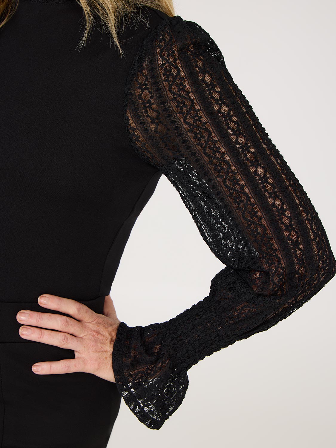 Pie Crust Neck Top With Lace Sleeves
