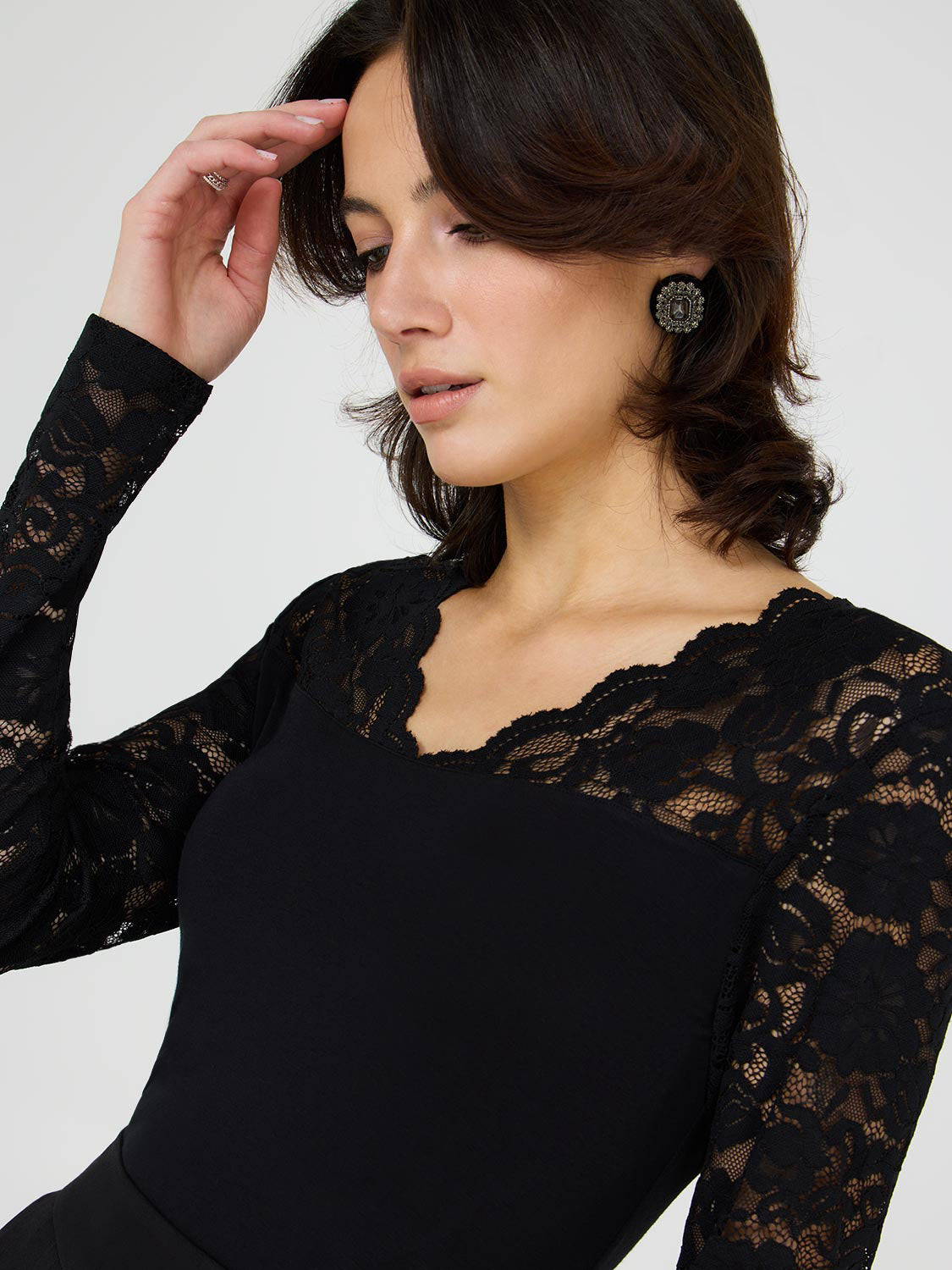 Scallop V-Neck Top With Lace Sleeves