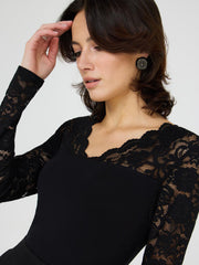 Scallop V-Neck Top With Lace Sleeves