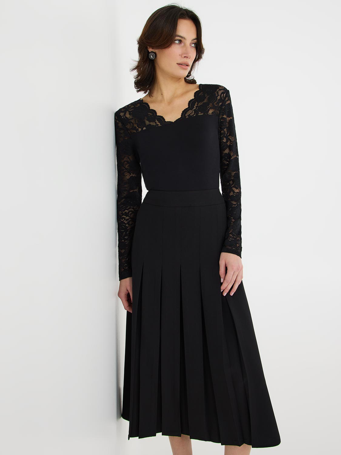 Scallop V-Neck Top With Lace Sleeves