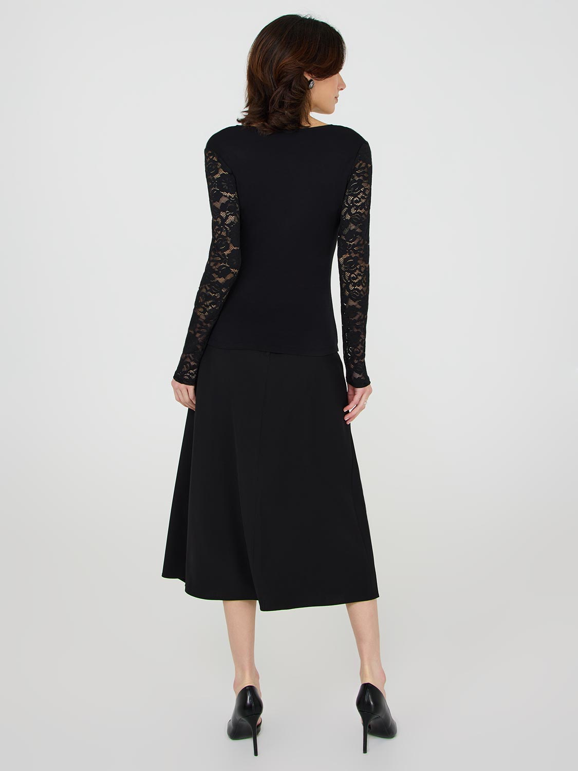Scallop V-Neck Top With Lace Sleeves