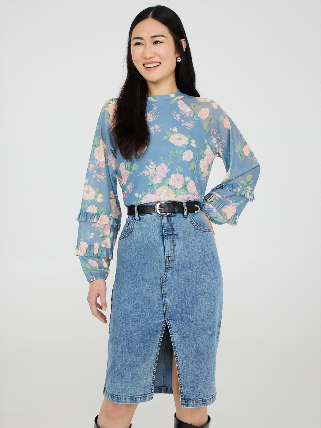 Floral Print Mesh Top With Ruffle Details