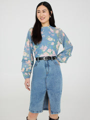 Floral Print Mesh Top With Ruffle Details