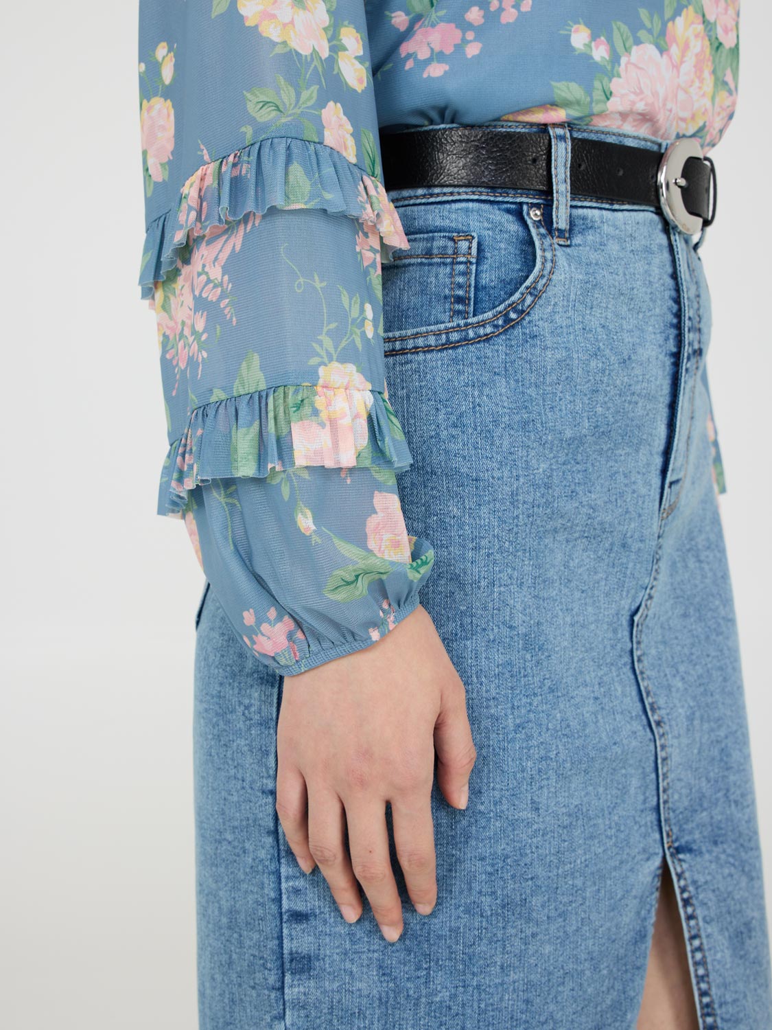 Floral Print Mesh Top With Ruffle Details