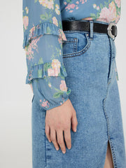 Floral Print Mesh Top With Ruffle Details