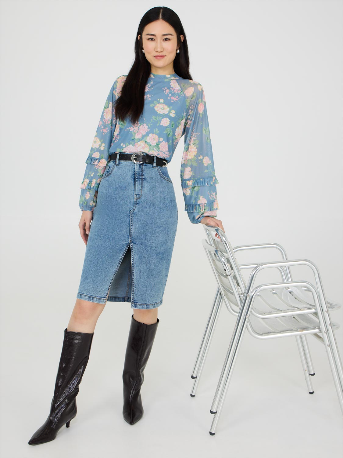 Floral Print Mesh Top With Ruffle Details