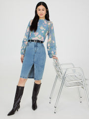 Floral Print Mesh Top With Ruffle Details
