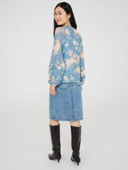 Floral Print Mesh Top With Ruffle Details