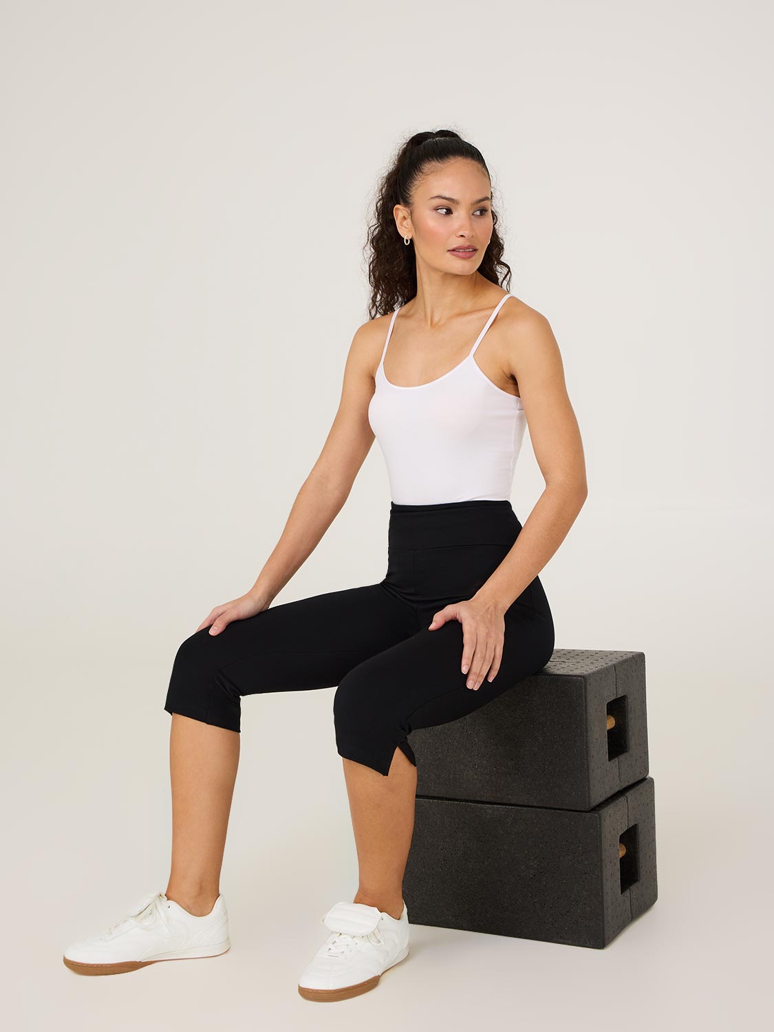 Wide Waistband Capri Pants With Slit Hem