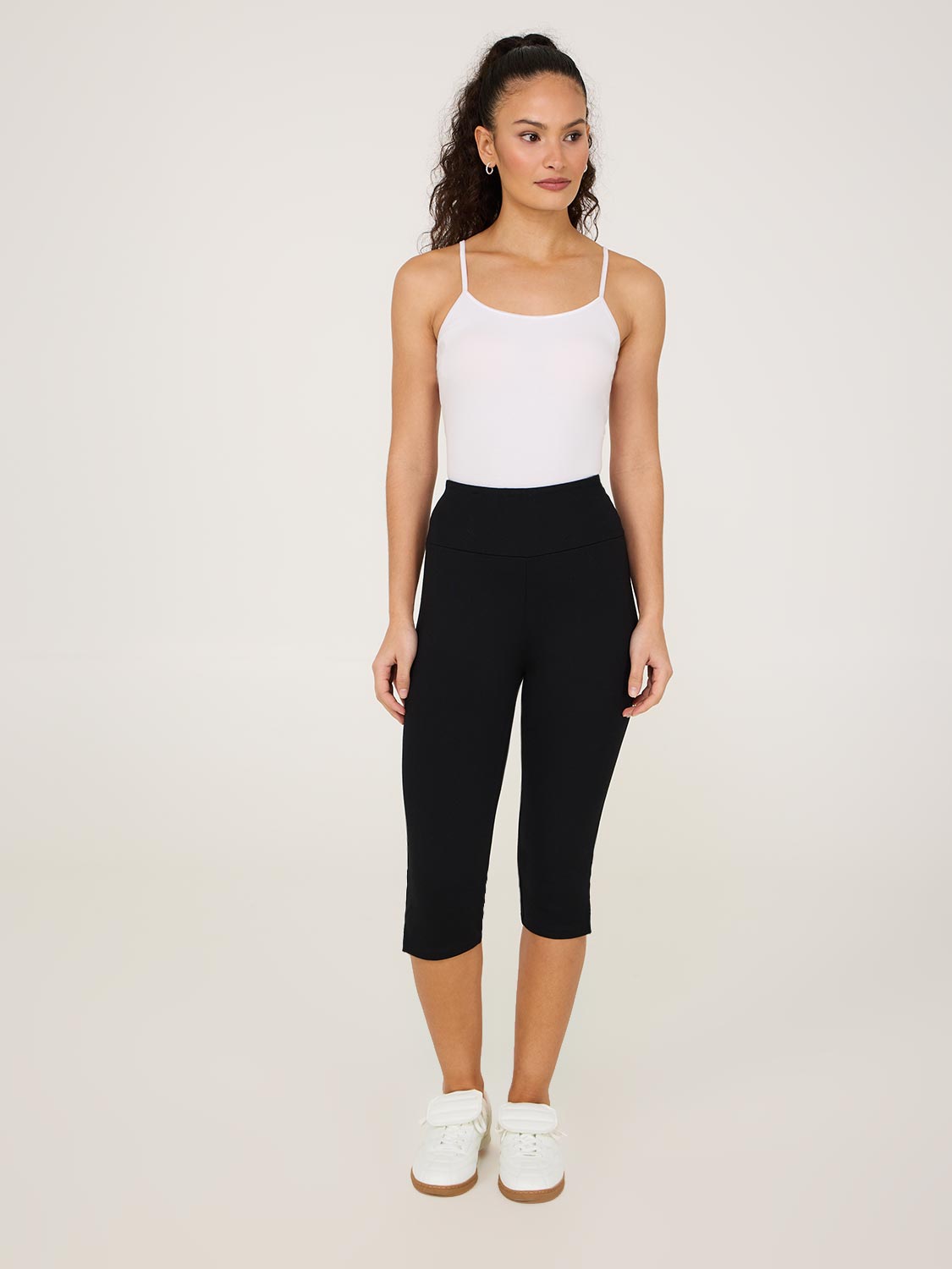 Wide Waistband Capri Pants With Slit Hem