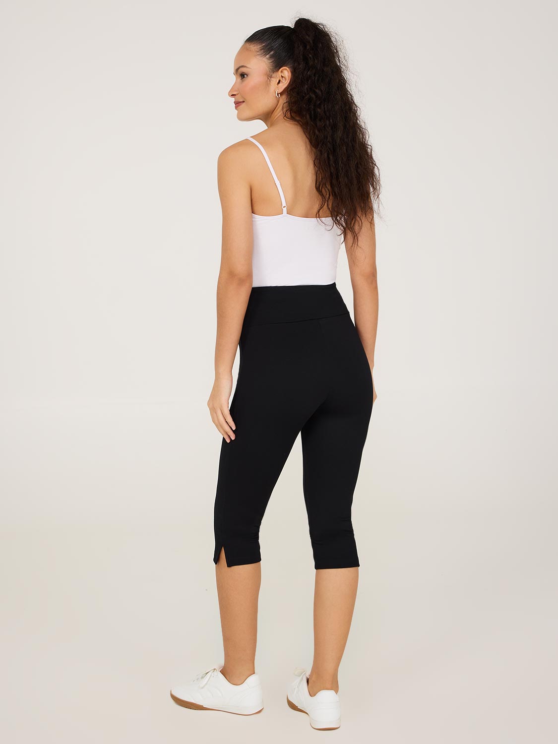 Wide Waistband Capri Pants With Slit Hem