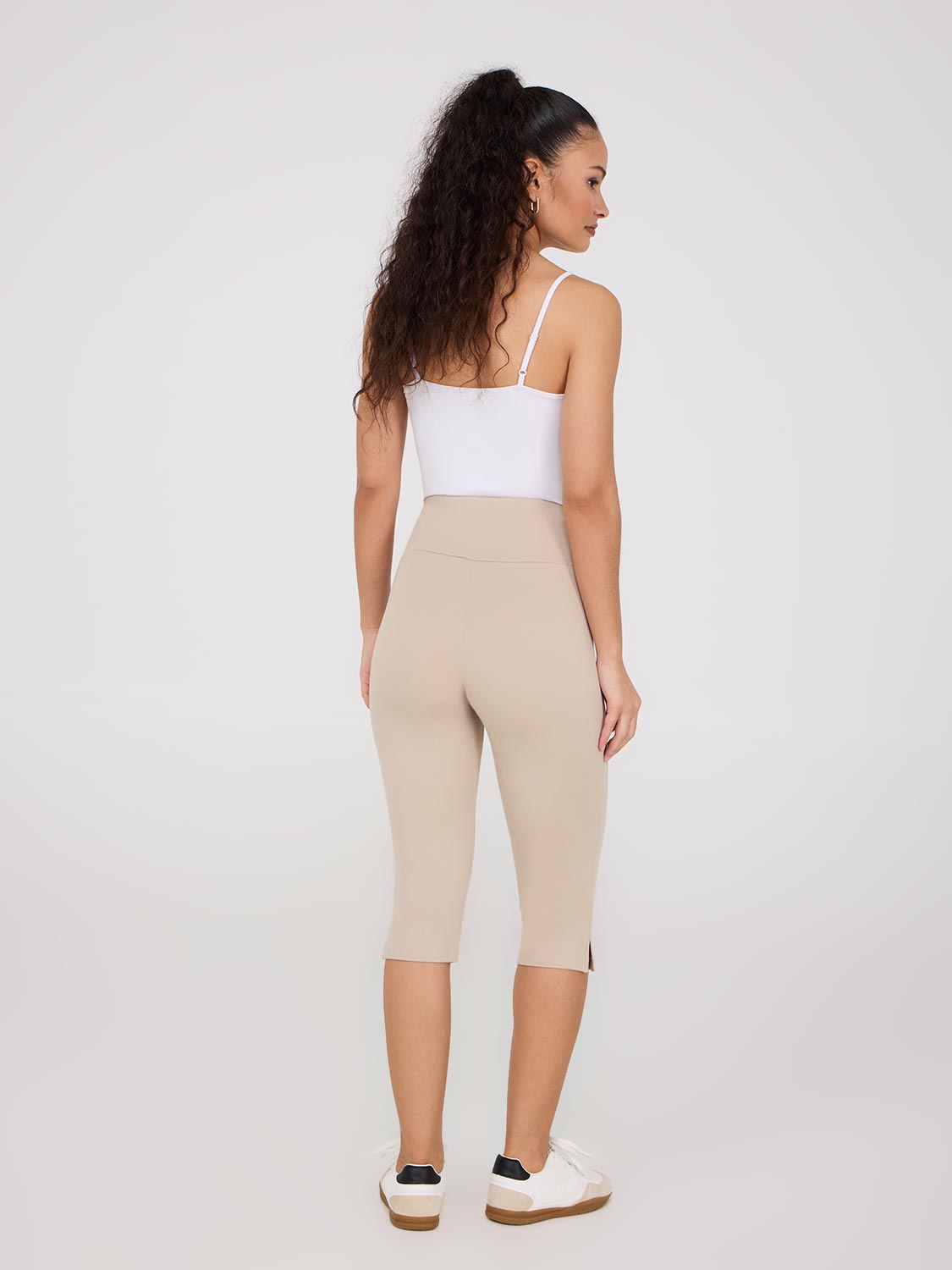 Wide Waistband Capri Pants With Slit Hem