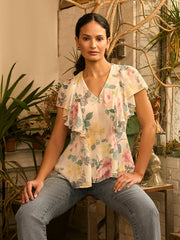 Floral Print Ruffle Sleeve Peplum Top