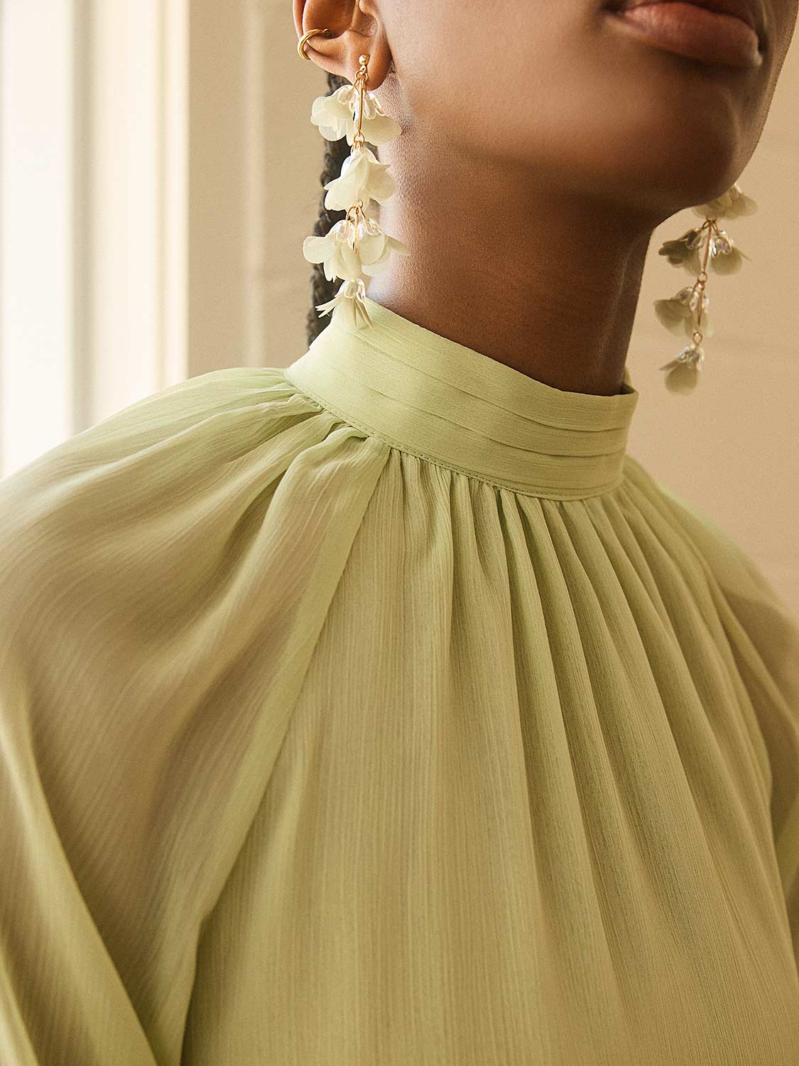 Mock Neck Chiffon Blouse With Ruffle Details